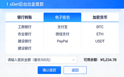 1xBet 後台出金提款頁面與選擇方式介面示意圖