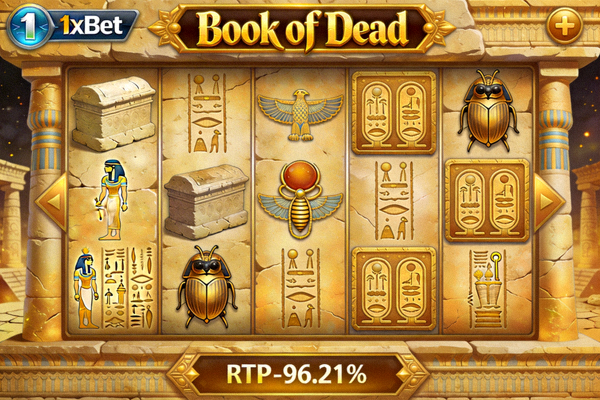 1xBet 平台上的高 RTP 老虎機遊戲 'Book of Dead' 畫面，展示古埃及主題與特殊符號