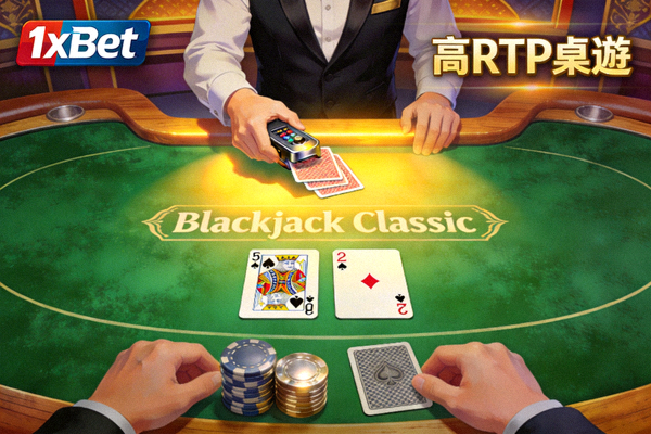 1xBet 平台上的高 RTP 桌遊 'Blackjack Classic' 畫面，展示經典 21 點遊戲桌與發牌