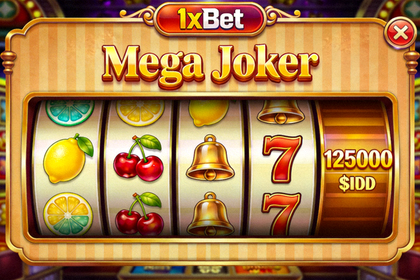 1xBet 平台上的高 RTP 老虎機遊戲 'Mega Joker' 畫面，展示經典水果機風格與累積獎金